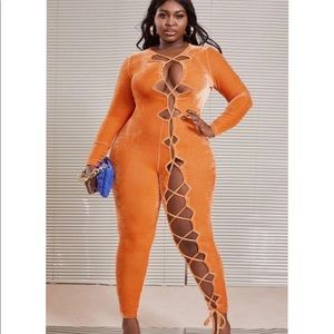 NWT orange velvet lace up jumpsuit size 1X